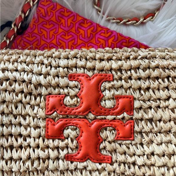 Tory Burch Raffia Orange Leather Gold Chain Pom Crossbody Bag - Picture 4 of 9